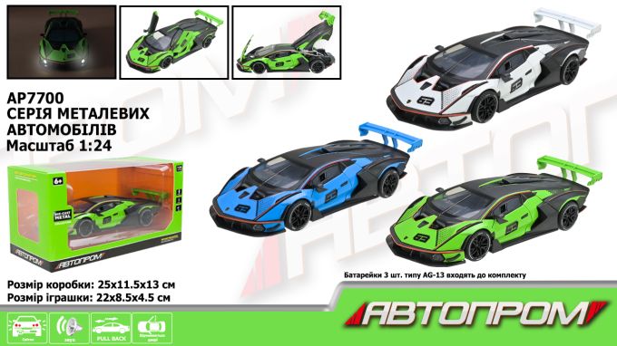 Машина мет. АВТОПРОМ арт. AP7700 (12шт)1:24,3 кольори, батар,світ.,звук,двері відкр.,короб.29*16,3*14,3см