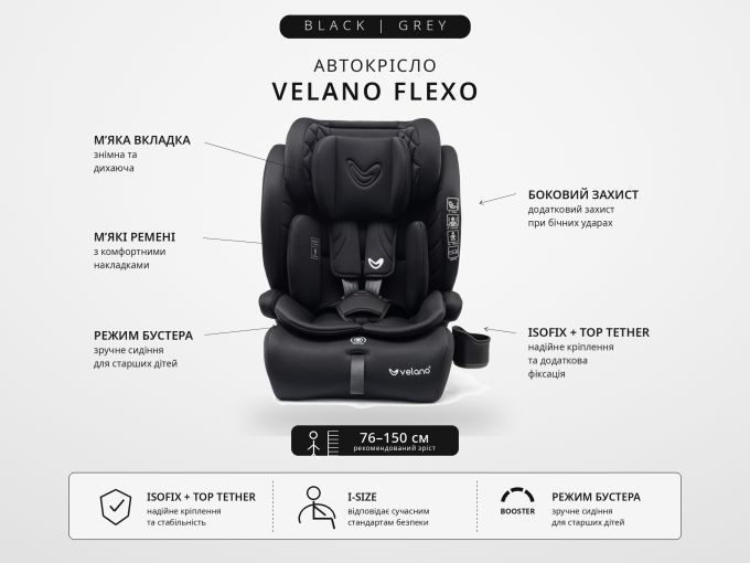 Автокрісло VELANO Flexo i-Size 76–150 см, ISOFIX + Top Tether/ремінь, black